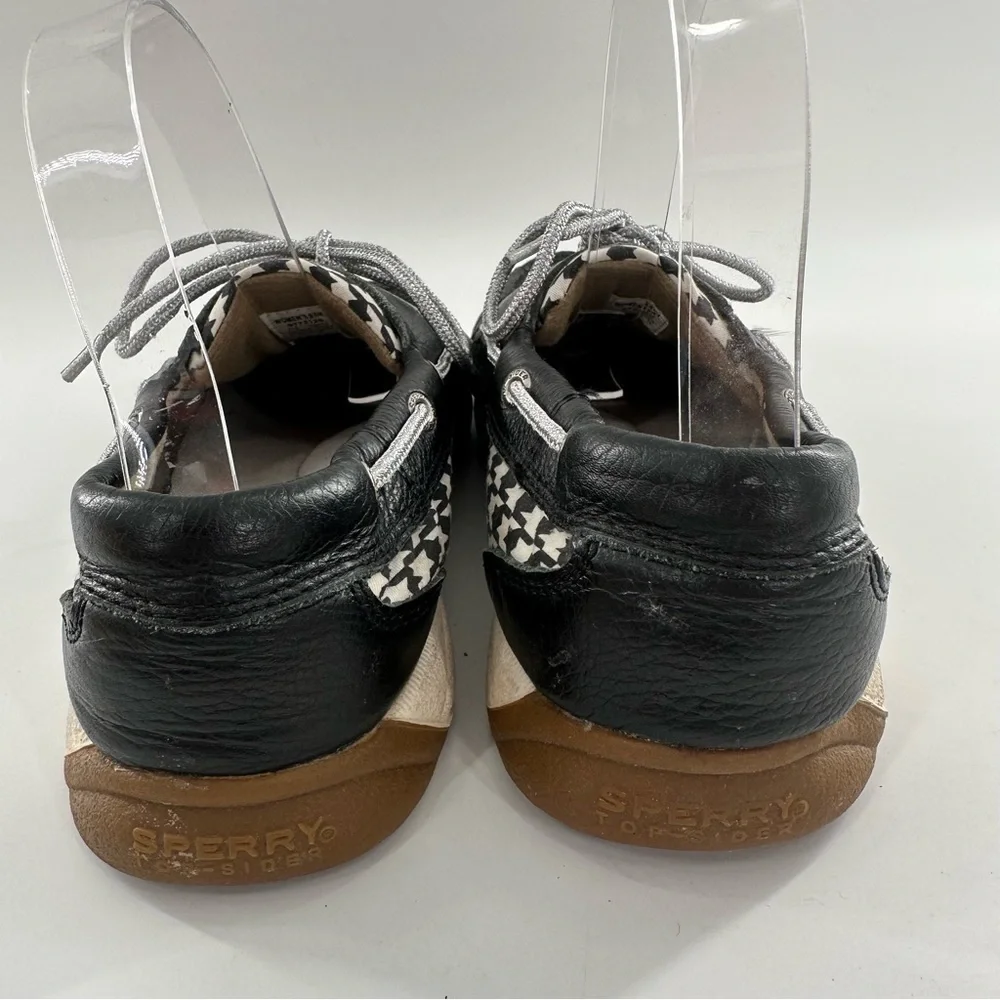 Sperry womens flats size 9.5 navy silver leather houndstooth preppy Boatshoes